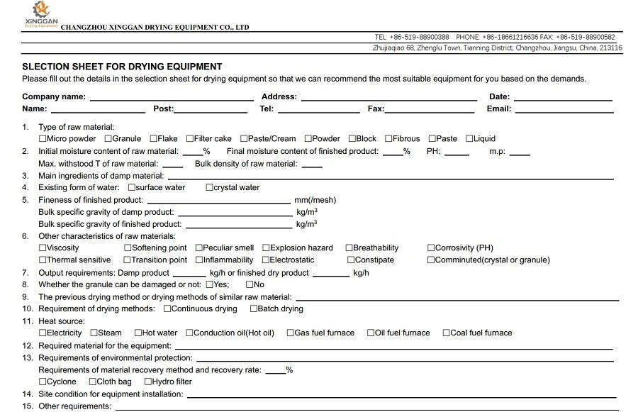 Selection Sheet for Drying Equipment Selection Sheet for Drying Equipment